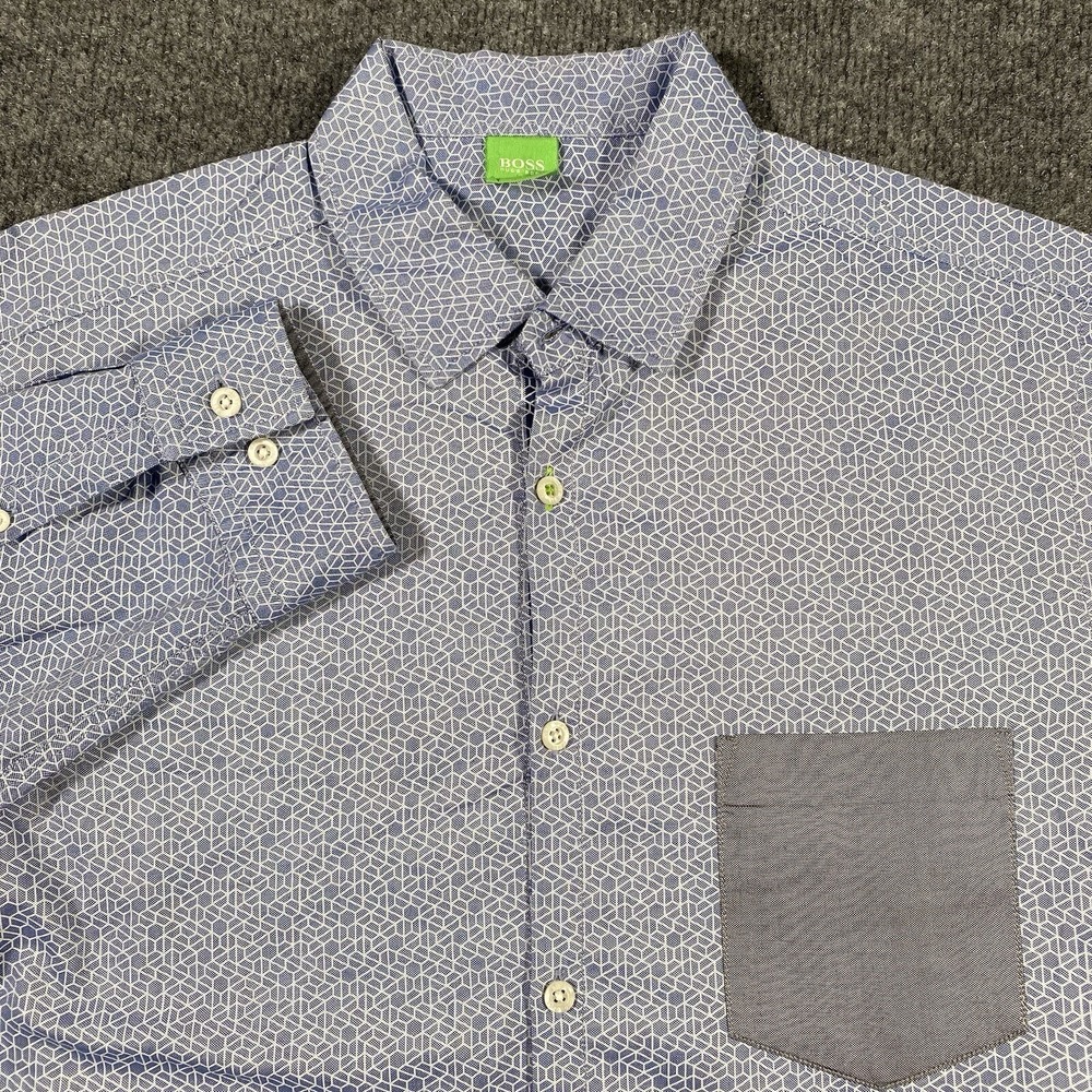 Hugo Boss Mens Large Geometric Print Button Shirt Badone Style Designer Oxford